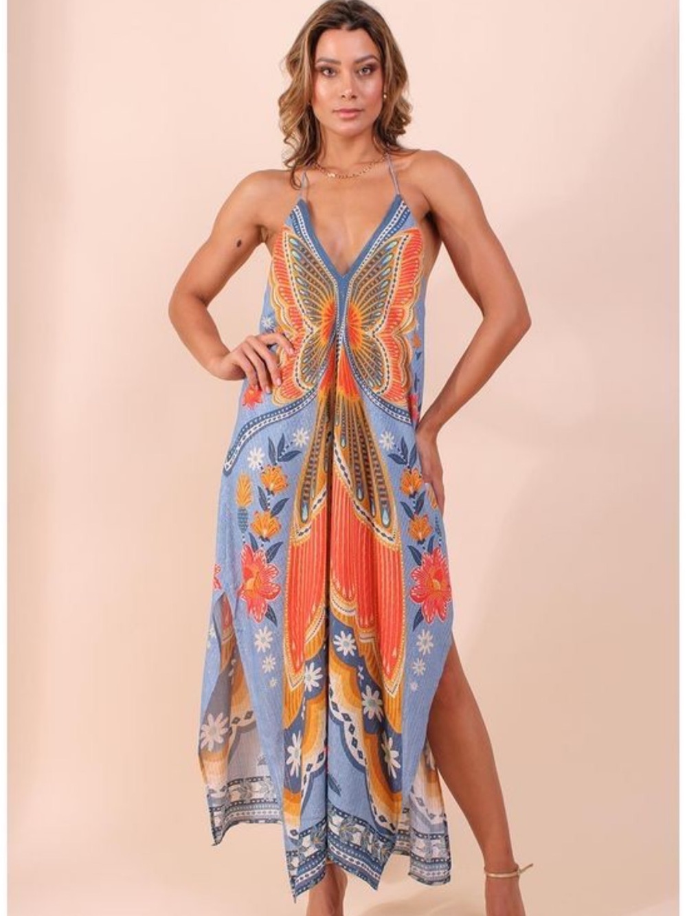 Blue & Orange Butterfly Print V-Neck Maxi Dress